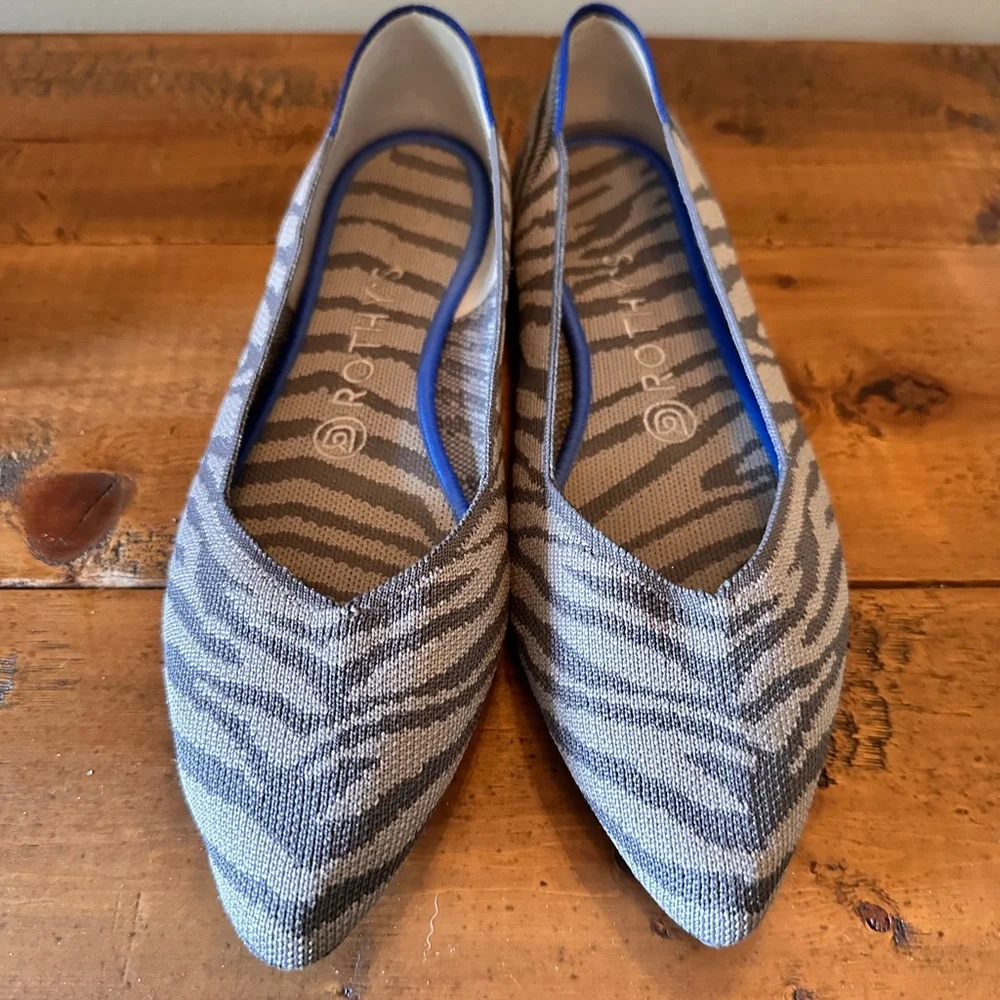 Rothy's Gray Zebra-Print Pointed Flats with Blue Trim
